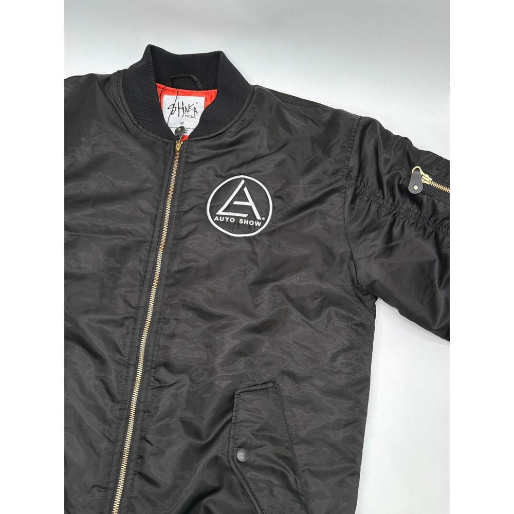 Shaka Wear LA Auto Show Bomber Jacket Mens Medium Black Orange Quilted MA-1 Zip